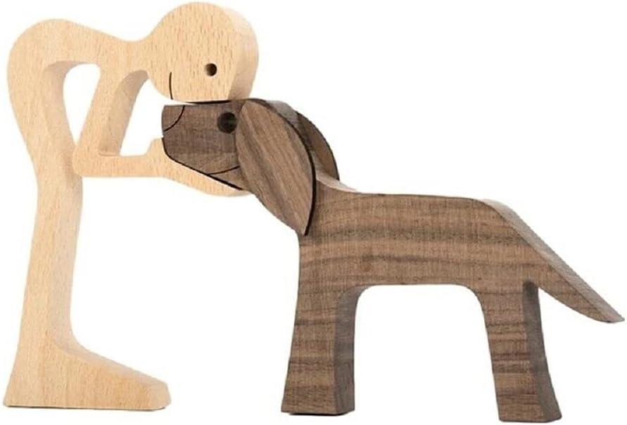 Wooden Man and Dog Statue Decor